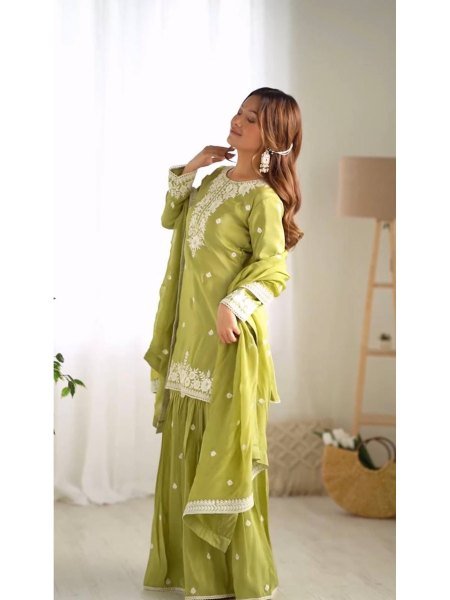 Buy Green Color Heavy Chinnon Silk With Sequence Work Top Sharara Suit Collection  Ready To Wear Collection