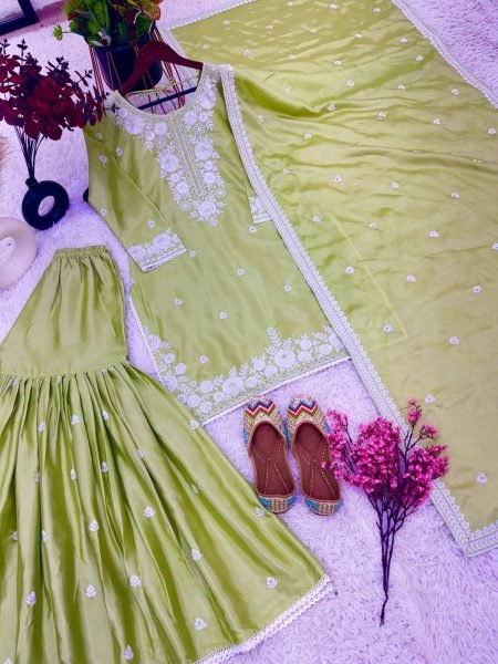 Buy Green Color Heavy Chinnon Silk With Sequence Work Top Sharara Suit Collection  Ready To Wear Collection