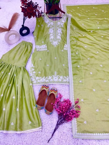 Buy Green Color Heavy Chinnon Silk With Sequence Work Top Sharara Suit Collection  Ready To Wear Collection
