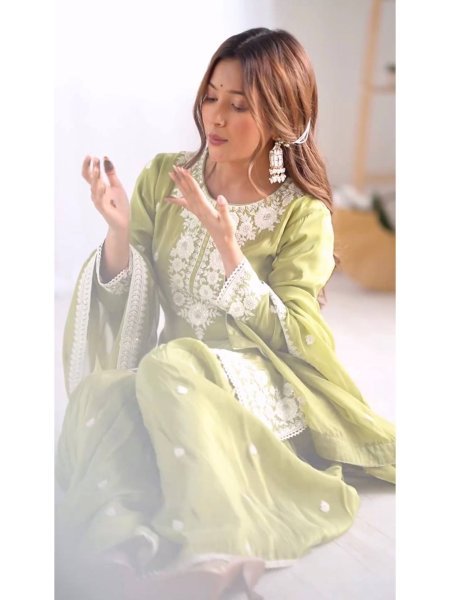 Buy Green Color Heavy Chinnon Silk With Sequence Work Top Sharara Suit Collection  Ready To Wear Collection