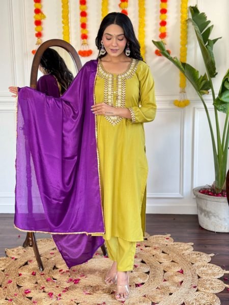 Green Color Festival Wear Embroidery work 3 pc Kurti set  3 Piece Kurti Set