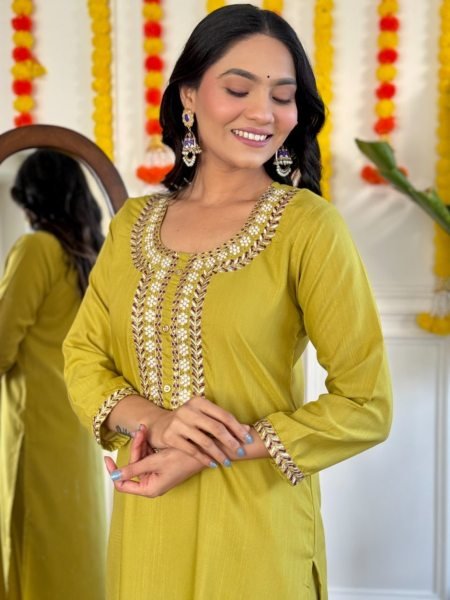 Green Color Festival Wear Embroidery work 3 pc Kurti set  3 Piece Kurti Set