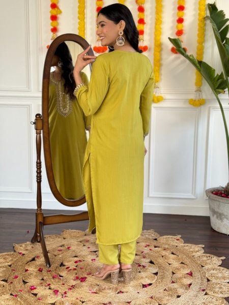 Green Color Festival Wear Embroidery work 3 pc Kurti set  3 Piece Kurti Set