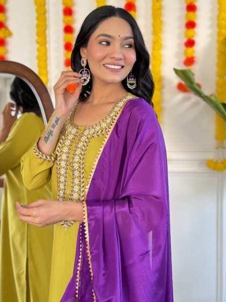Green Color Festival Wear Embroidery work 3 pc Kurti set  3 Piece Kurti Set