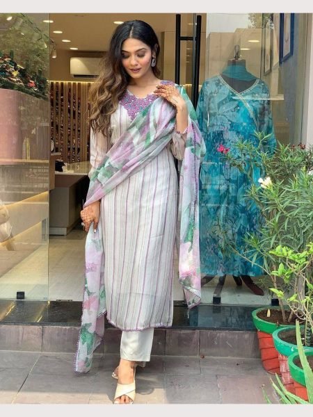 Buy Ladies Organza Taby Silk Kurti Pant With Dupatta  3 Piece Kurti Set