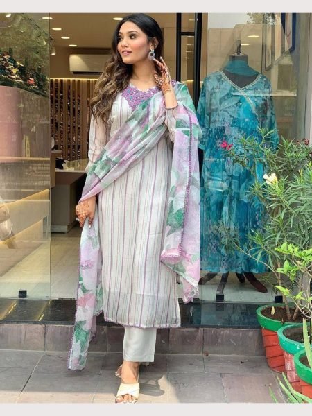 Buy Ladies Organza Taby Silk Kurti Pant With Dupatta  3 Piece Kurti Set