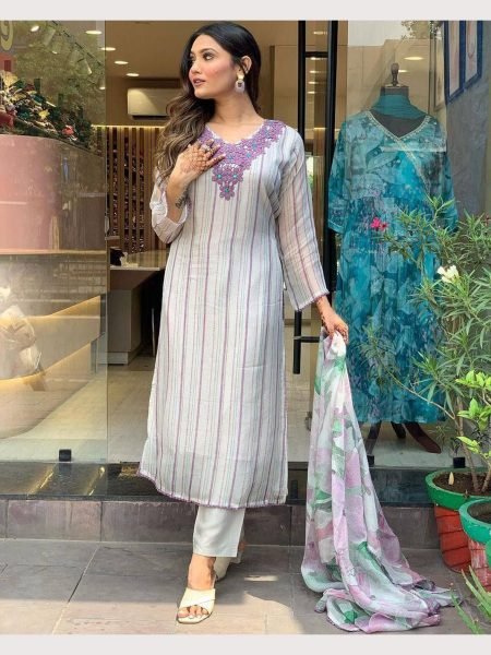 Buy Ladies Organza Taby Silk Kurti Pant With Dupatta  3 Piece Kurti Set