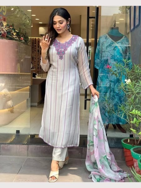 Buy Ladies Organza Taby Silk Kurti Pant With Dupatta  3 Piece Kurti Set