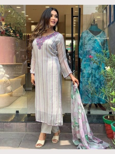 Buy Ladies Organza Taby Silk Kurti Pant With Dupatta  3 Piece Kurti Set