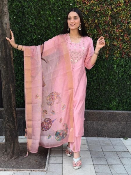 Buy Lightpink color Hand  work roman silk  Suit Set With Heavy Chanderi And Digital Print Dupatta 
