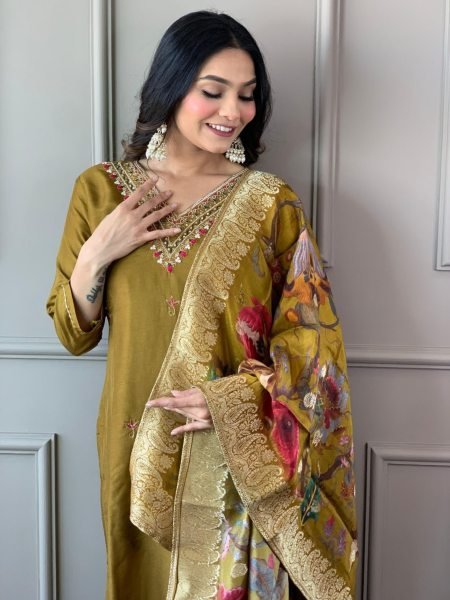 Buy mustard color Silk Chanderi Kurti set in Wholesale Rate 3 Piece Kurti Set