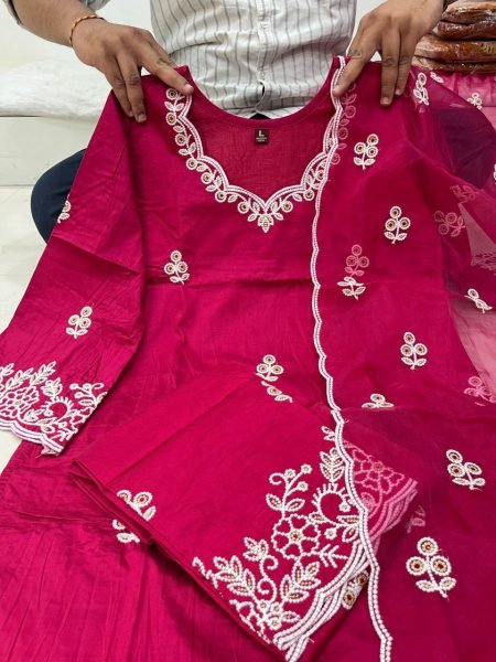 Buy Online Fully Stitched 3 Piece Chanderi Suit Sets for Women Clothing Wholesaler Collection from India 3 Piece Kurti Set