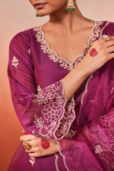 Buy Online Fully Stitched 3 Piece Chanderi Suit Sets for Women Clothing Wholesaler Collection from India 3 Piece Kurti Set