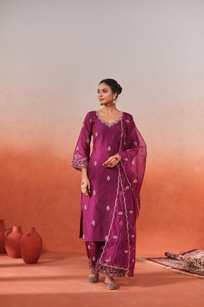Buy Online Fully Stitched 3 Piece Chanderi Suit Sets for Women Clothing Wholesaler Collection from India 3 Piece Kurti Set