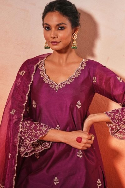 Buy Online Fully Stitched 3 Piece Chanderi Suit Sets for Women Clothing Wholesaler Collection from India 3 Piece Kurti Set