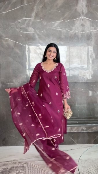 Buy Online Fully Stitched 3 Piece Chanderi Suit Sets for Women Clothing Wholesaler Collection from India 3 Piece Kurti Set