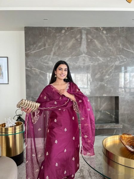 Buy Online Fully Stitched 3 Piece Chanderi Suit Sets for Women Clothing Wholesaler Collection from India 3 Piece Kurti Set