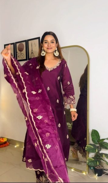 Buy Online Fully Stitched 3 Piece Chanderi Suit Sets for Women Clothing Wholesaler Collection from India 3 Piece Kurti Set