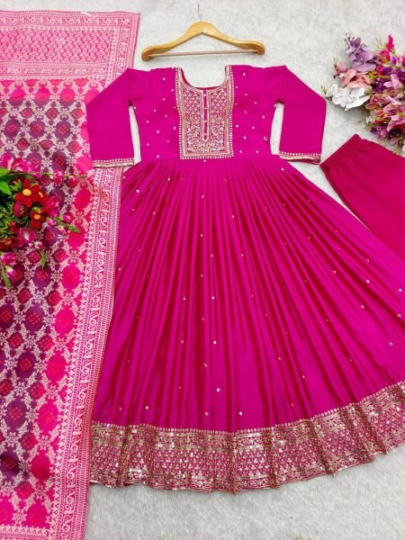 Buy  Pink Chinon Silk Anarkali Suit Set With Dupatta Online Anarkali Kurtis 