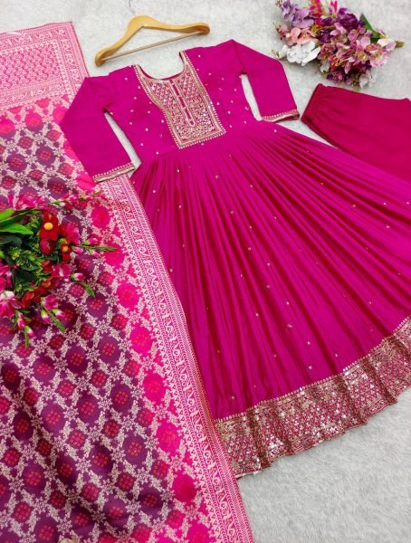 Buy  Pink Chinon Silk Anarkali Suit Set With Dupatta Online Anarkali Kurtis 