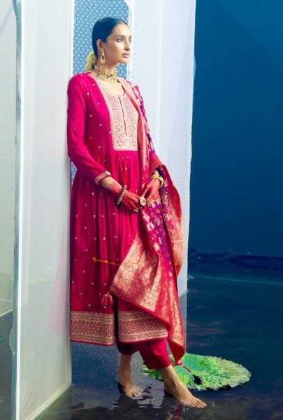 Buy  Pink Chinon Silk Anarkali Suit Set With Dupatta Online Anarkali Kurtis 