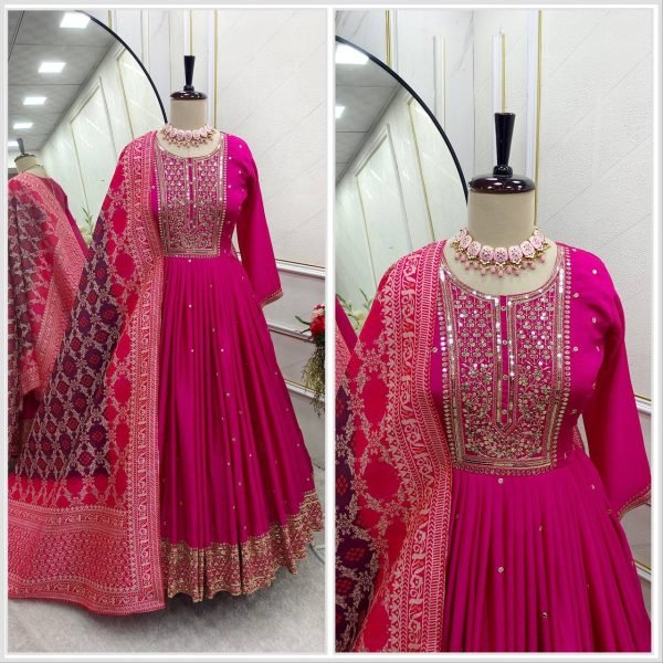 Buy  Pink Chinon Silk Anarkali Suit Set With Dupatta Online Anarkali Kurtis 