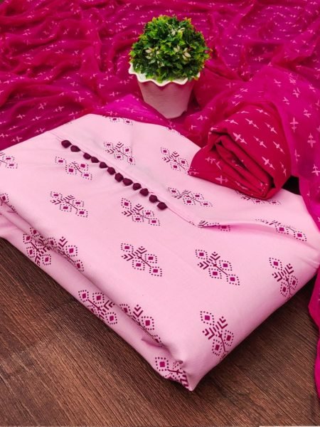 Buy Pink Color Cotton Slub Print Dress Material Collection At Wholesale Rate