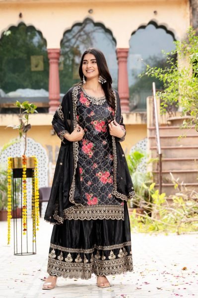 Buy Premium Party Wear Chinon Silk Kurti Set with Embroidered Dupatta   Plazo for Women  Online Ready To Wear Collection