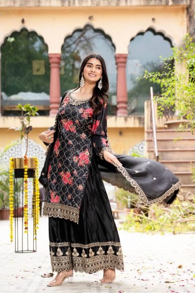 Buy Premium Party Wear Chinon Silk Kurti Set with Embroidered Dupatta   Plazo for Women  Online Ready To Wear Collection