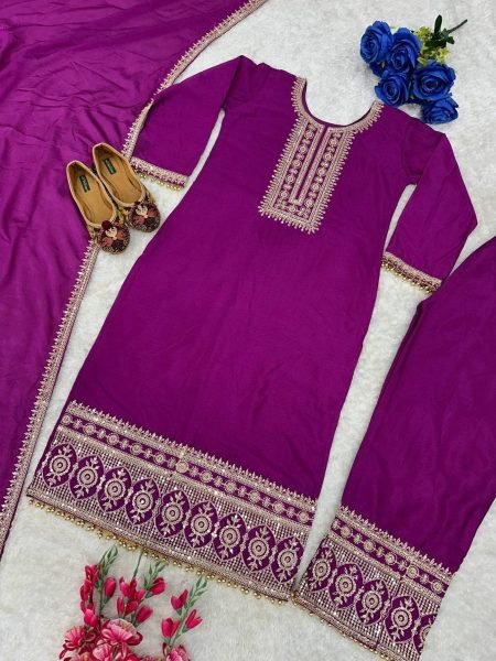 Buy Purple Color Heavy Chinon Silk WIth Embroidery Work Suit Set With Dupatta Ready To Wear Collection
