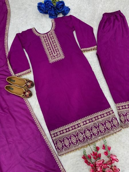 Buy Purple Color Heavy Chinon Silk WIth Embroidery Work Suit Set With Dupatta Ready To Wear Collection