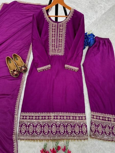Buy Purple Color Heavy Chinon Silk WIth Embroidery Work Suit Set With Dupatta Ready To Wear Collection