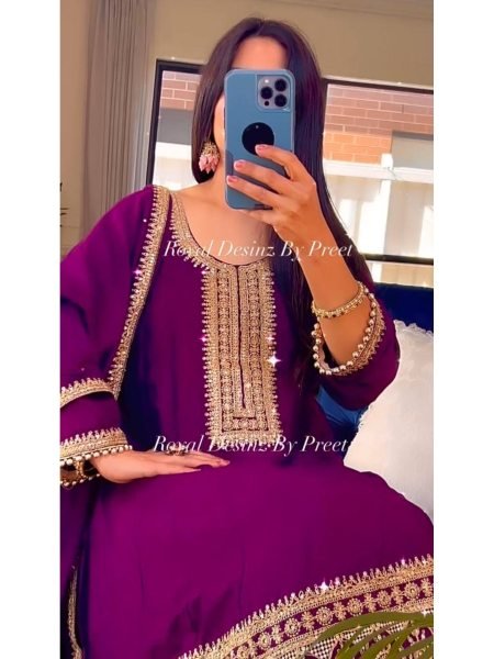 Buy Purple Color Heavy Chinon Silk WIth Embroidery Work Suit Set With Dupatta Ready To Wear Collection