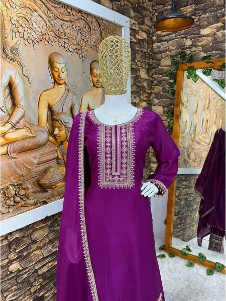 Buy Purple Color Heavy Chinon Silk WIth Embroidery Work Suit Set With Dupatta Ready To Wear Collection