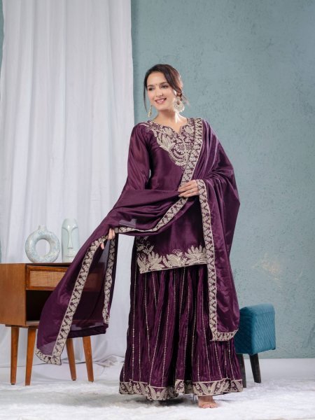 Buy Purple fully stiched  Embroidered & Lace Work Chinnon Silk Sharara Suit with Stunning Dupatta fully stiched  Ready To Wear Collection