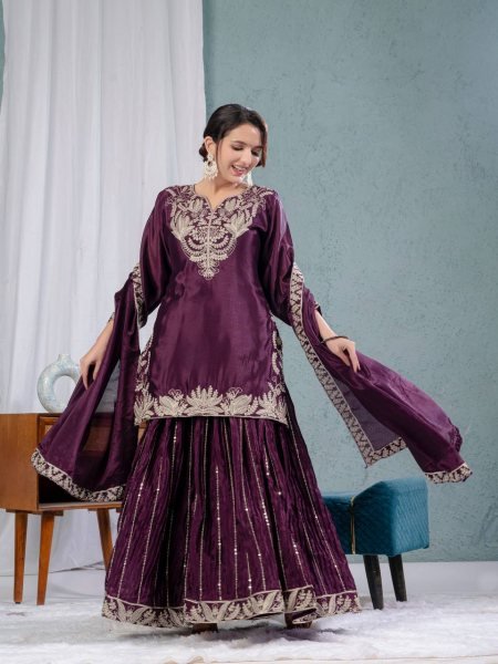 Buy Purple fully stiched  Embroidered & Lace Work Chinnon Silk Sharara Suit with Stunning Dupatta fully stiched  Ready To Wear Collection