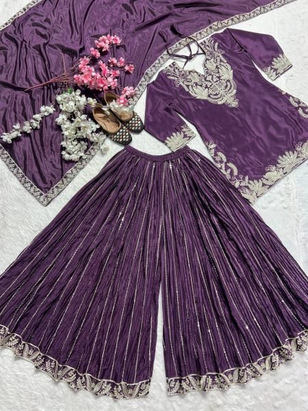 Buy Purple fully stiched  Embroidered & Lace Work Chinnon Silk Sharara Suit with Stunning Dupatta fully stiched  Ready To Wear Collection