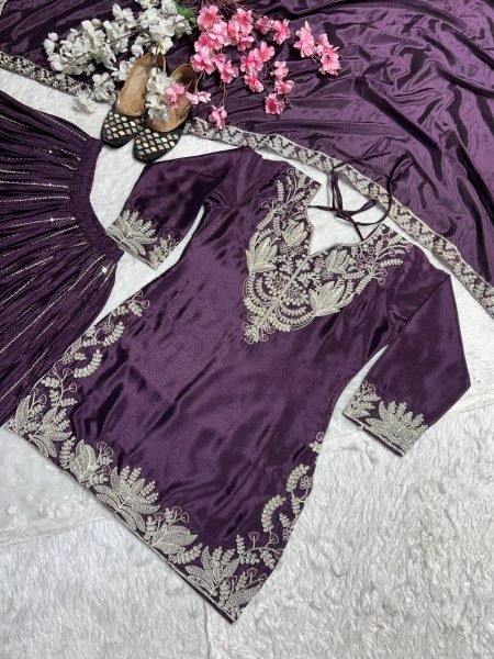 Buy Purple fully stiched  Embroidered & Lace Work Chinnon Silk Sharara Suit with Stunning Dupatta fully stiched  Ready To Wear Collection