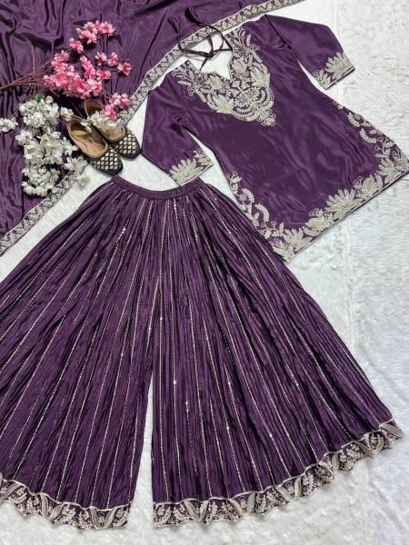 Buy Purple fully stiched  Embroidered & Lace Work Chinnon Silk Sharara Suit with Stunning Dupatta fully stiched  Ready To Wear Collection