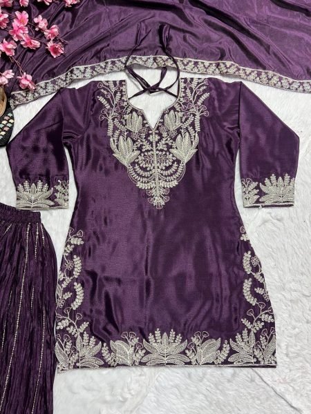Buy Purple fully stiched  Embroidered & Lace Work Chinnon Silk Sharara Suit with Stunning Dupatta fully stiched  Ready To Wear Collection