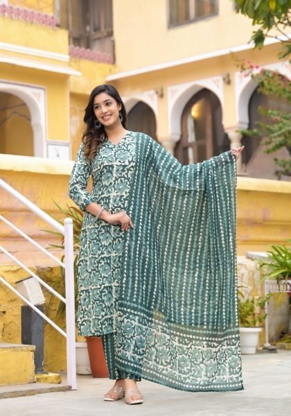 stylish rayon  printed kurta dupatta bottom pent 3 Piece Kurti Set