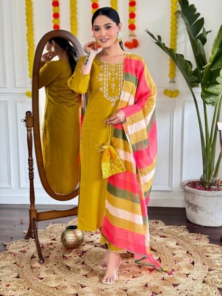 Buy Viscos Chanderi Kurti  set  with Embroidery Work  in Wholesale  Rate  3 Piece Kurti Set