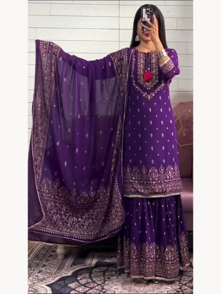 Buy Women Heavy Chinon Silk Embroidery Work Sharara Suits  Ready To Wear Collection