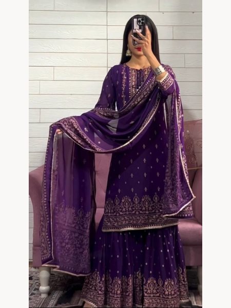 Buy Women Heavy Chinon Silk Embroidery Work Sharara Suits  Ready To Wear Collection