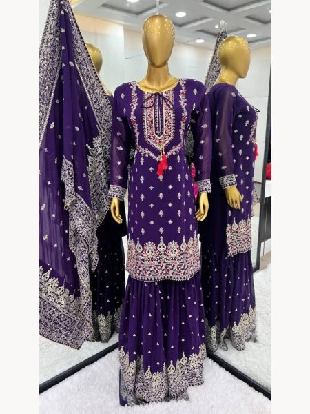 Buy Women Heavy Chinon Silk Embroidery Work Sharara Suits  Ready To Wear Collection