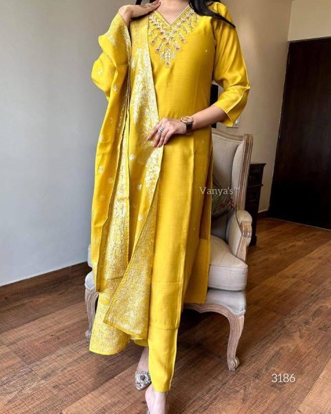 Buy Women s Embroidered Kurti Set   Yellow colour Viscose Chanderi with Jacquard Dupatta 3 Piece Kurti Set