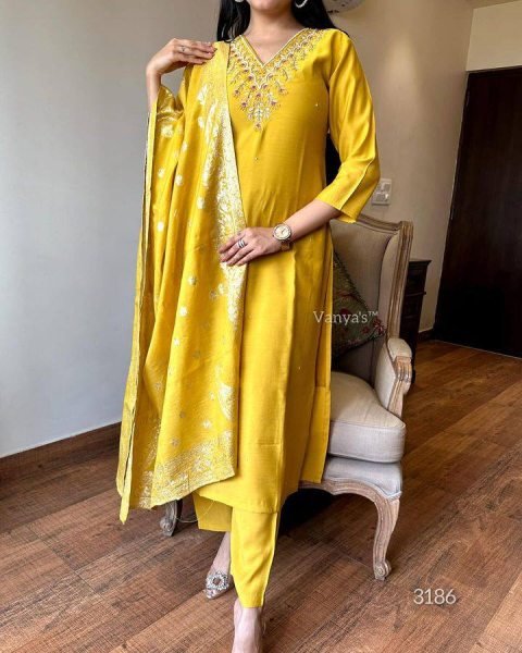 Buy Women s Embroidered Kurti Set   Yellow colour Viscose Chanderi with Jacquard Dupatta 3 Piece Kurti Set