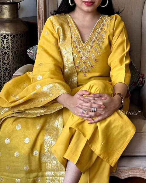 Buy Women s Embroidered Kurti Set   Yellow colour Viscose Chanderi with Jacquard Dupatta 3 Piece Kurti Set