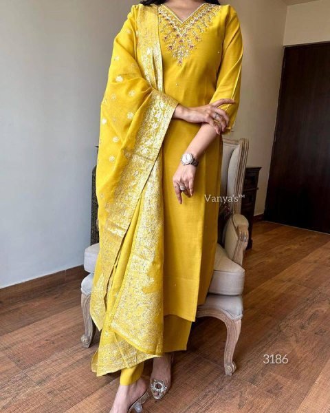 Buy Women s Embroidered Kurti Set   Yellow colour Viscose Chanderi with Jacquard Dupatta 3 Piece Kurti Set