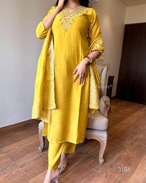 Buy Women s Embroidered Kurti Set   Yellow colour Viscose Chanderi with Jacquard Dupatta 3 Piece Kurti Set